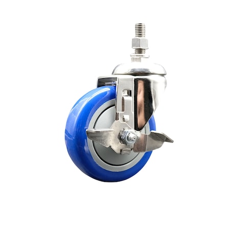 Service Caster 4 Inch 316SS Blue Polyurethane Swivel 1/2 Inch Threaded Stem Caster with Brake SS316TS20S414-PPUB-BLUE-TLB-121315